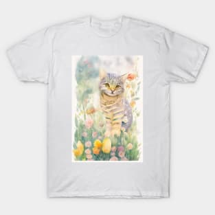 Happy Striped Cat in Flower Garden T-Shirt